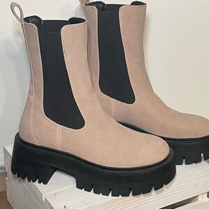 Call It Spring Tan and Black Ankle Boots with Chunky Sole, Sz 7.5